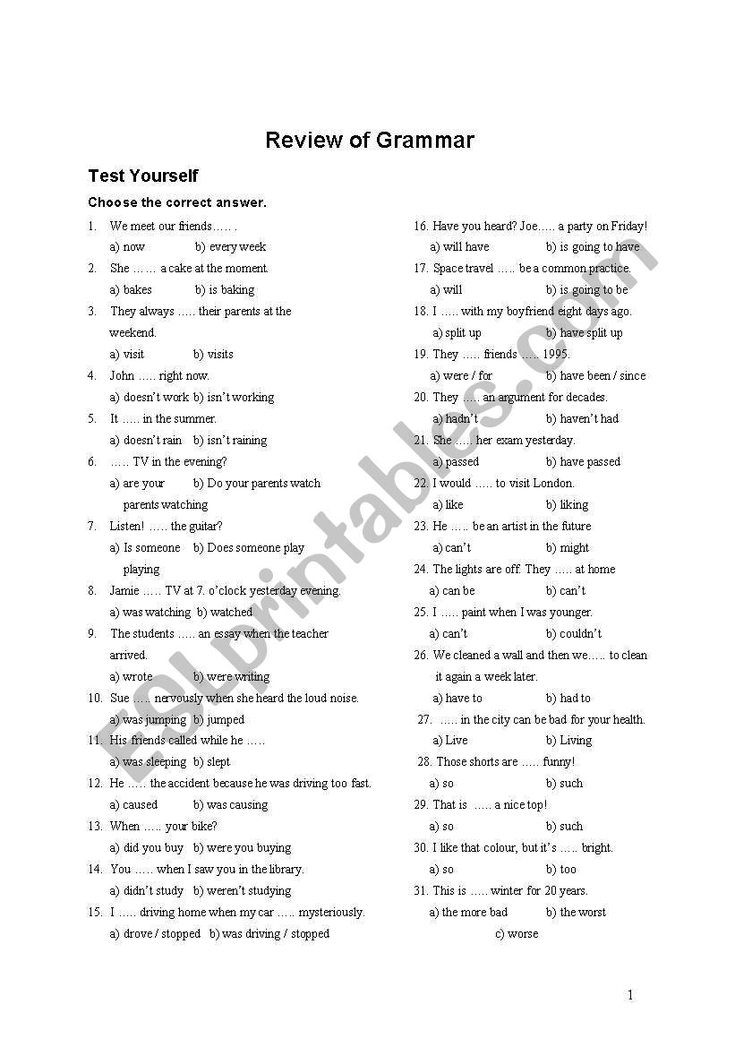 REVIEW OF GRAMMAR worksheet