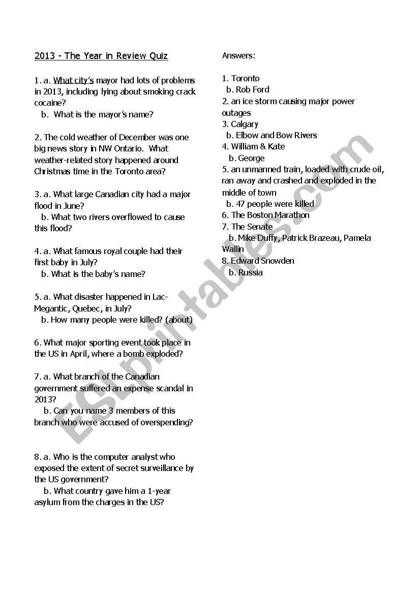 2013 year in review quiz worksheet