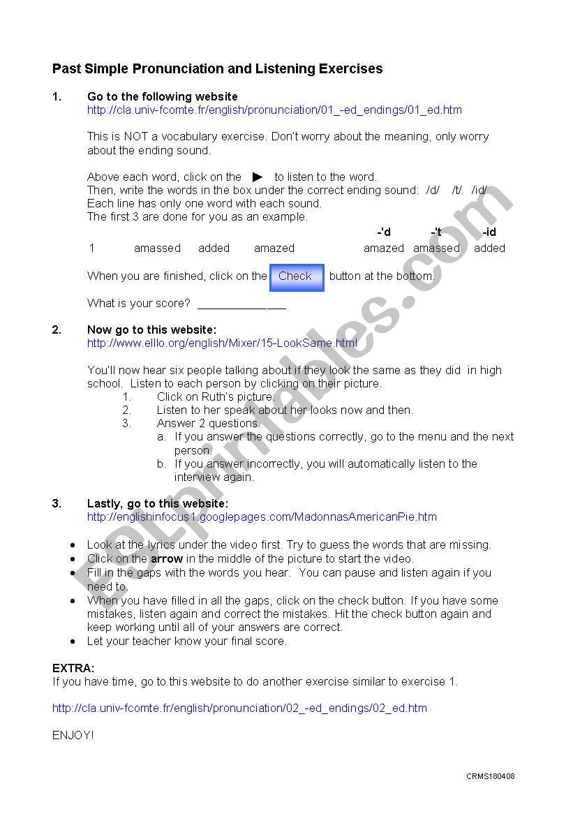 Simple Past Listening and Pronunciation