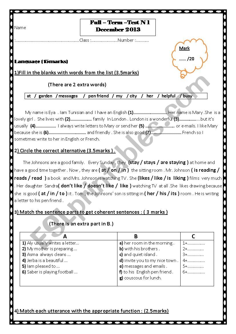 End of first term test worksheet