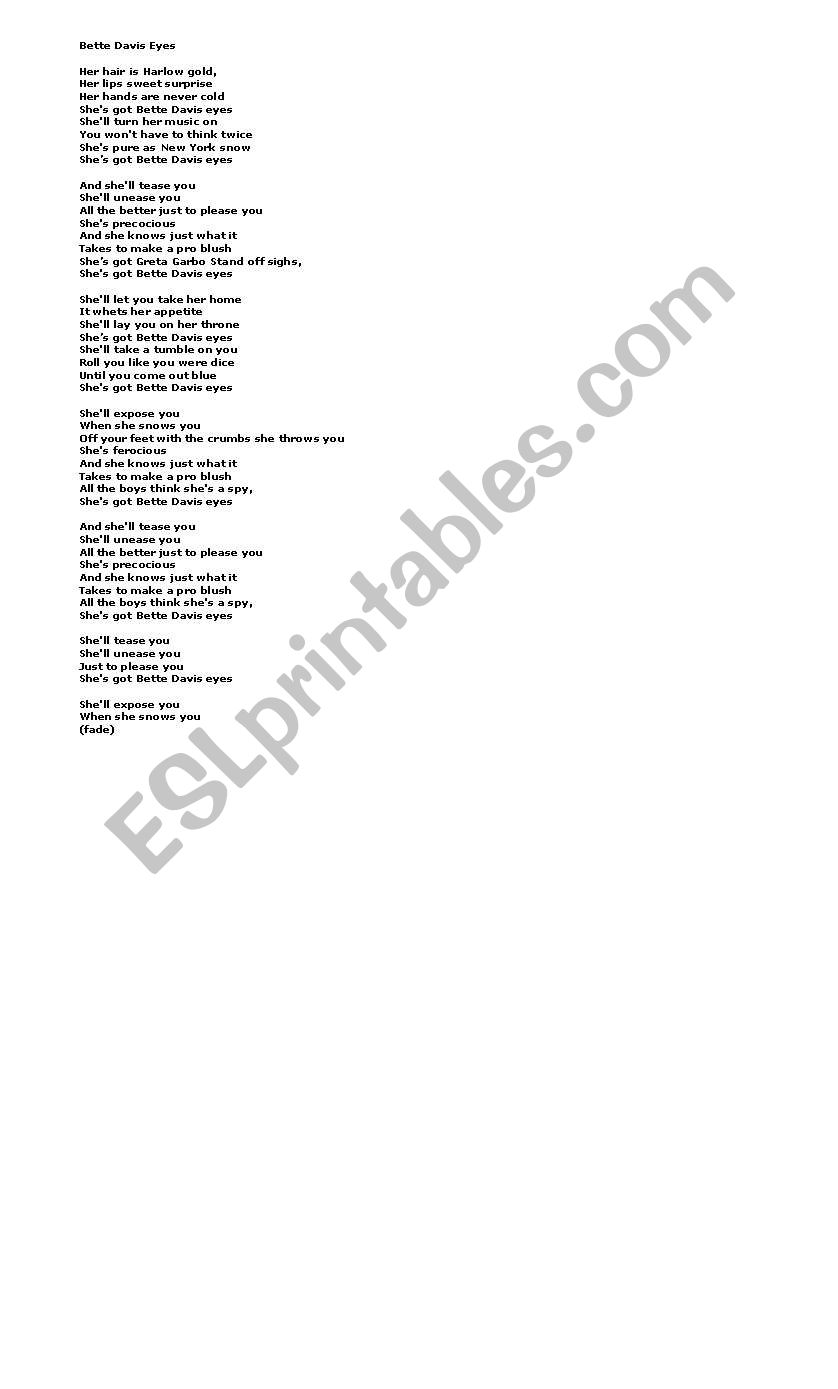 Song (Bette Davis Eyes) worksheet