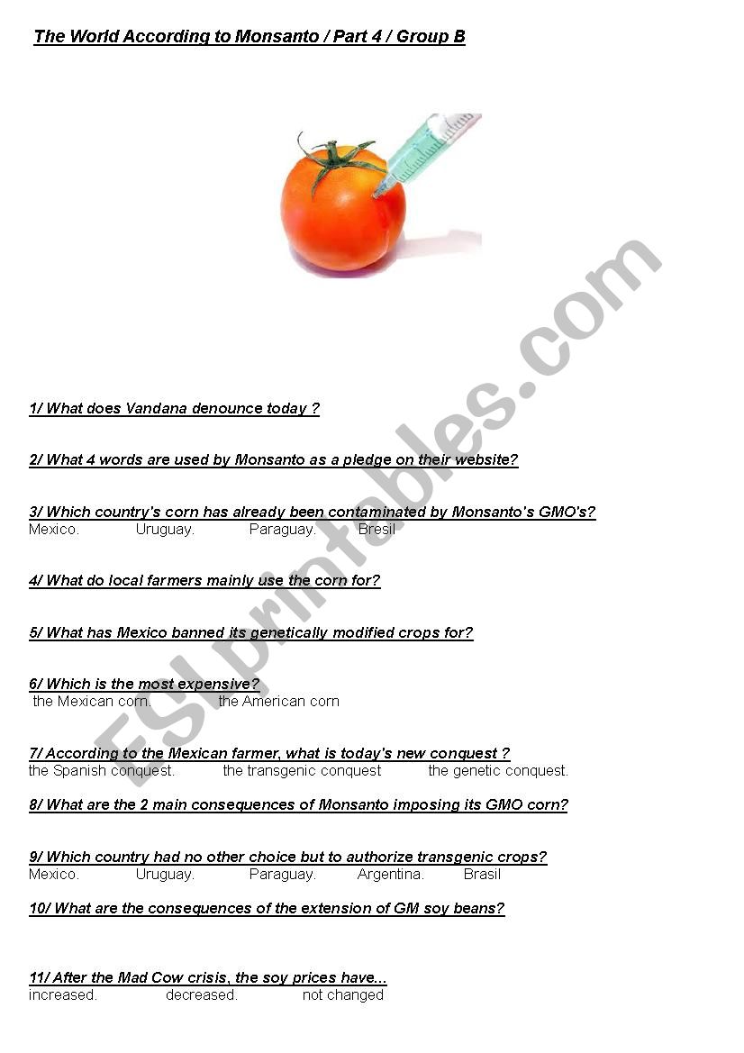 the World According to Monsanto Worksheet Part 4 Group B