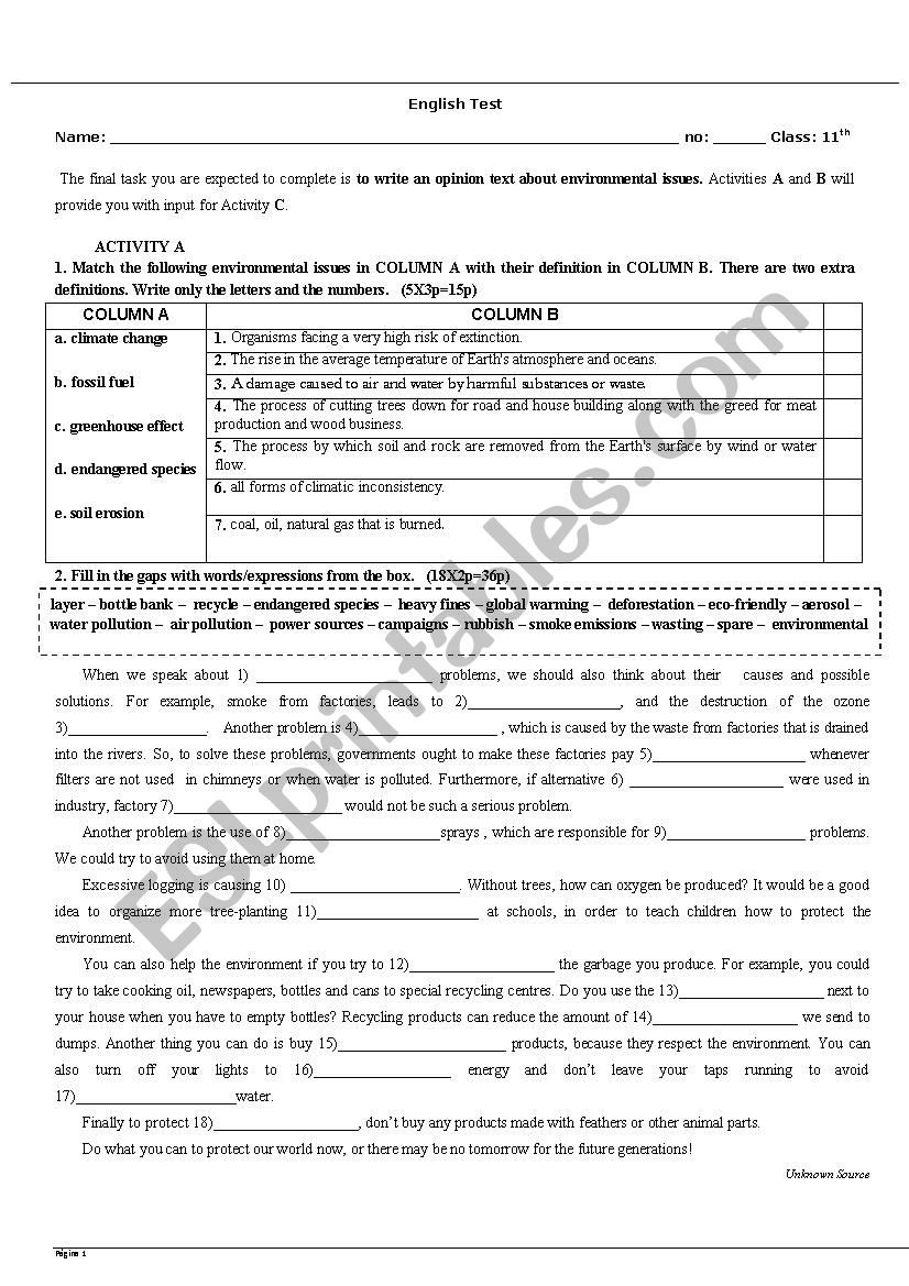 Test on Environment 11th form worksheet