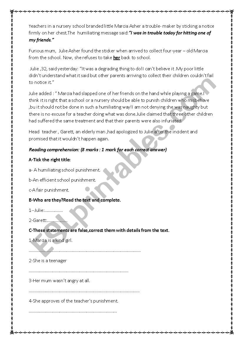 School punishment worksheet