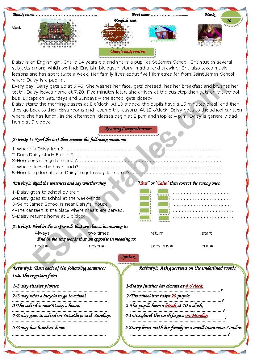 Daisys daily routine worksheet