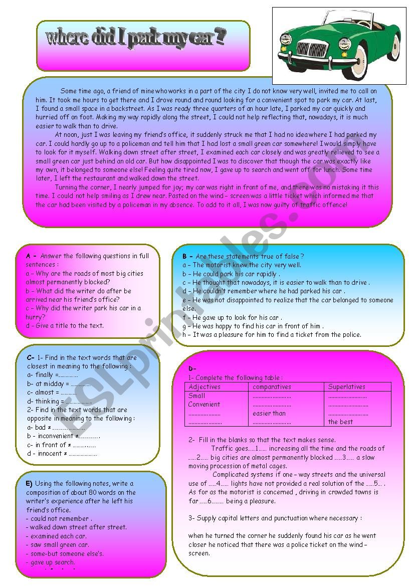 where did I park my car ? worksheet