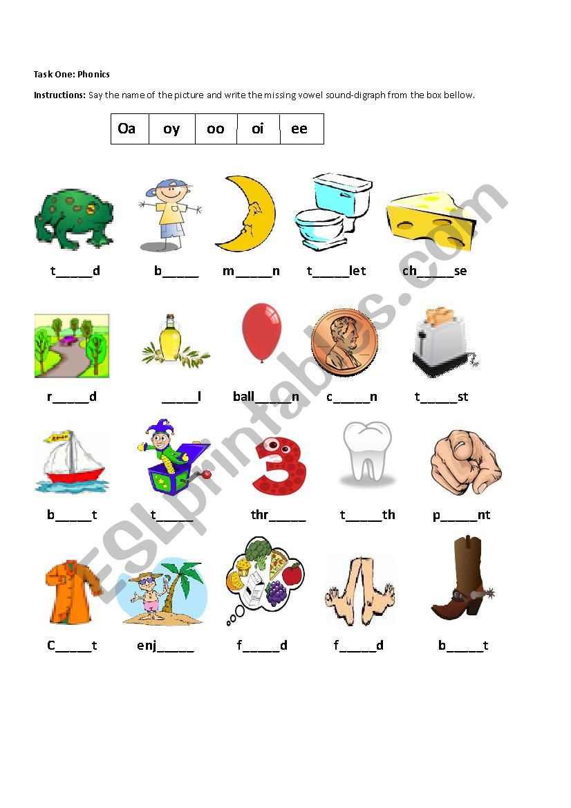 Vowel Digraphs oa,ee,oi,oy,oo worksheet