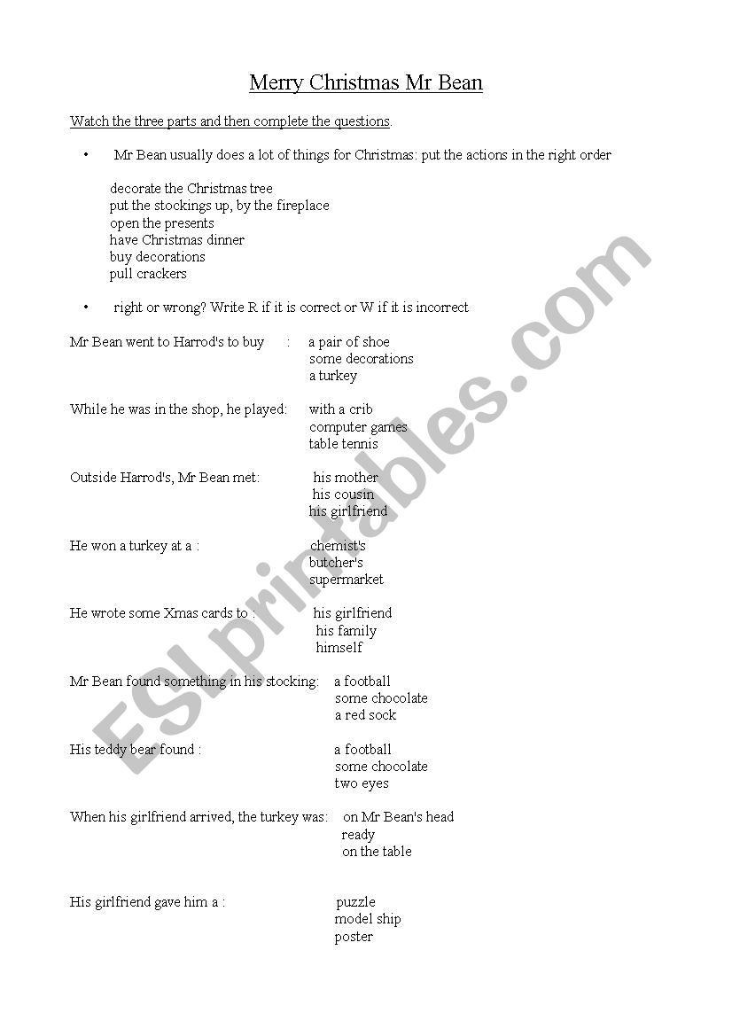 merry christmas Mr bean worksheet