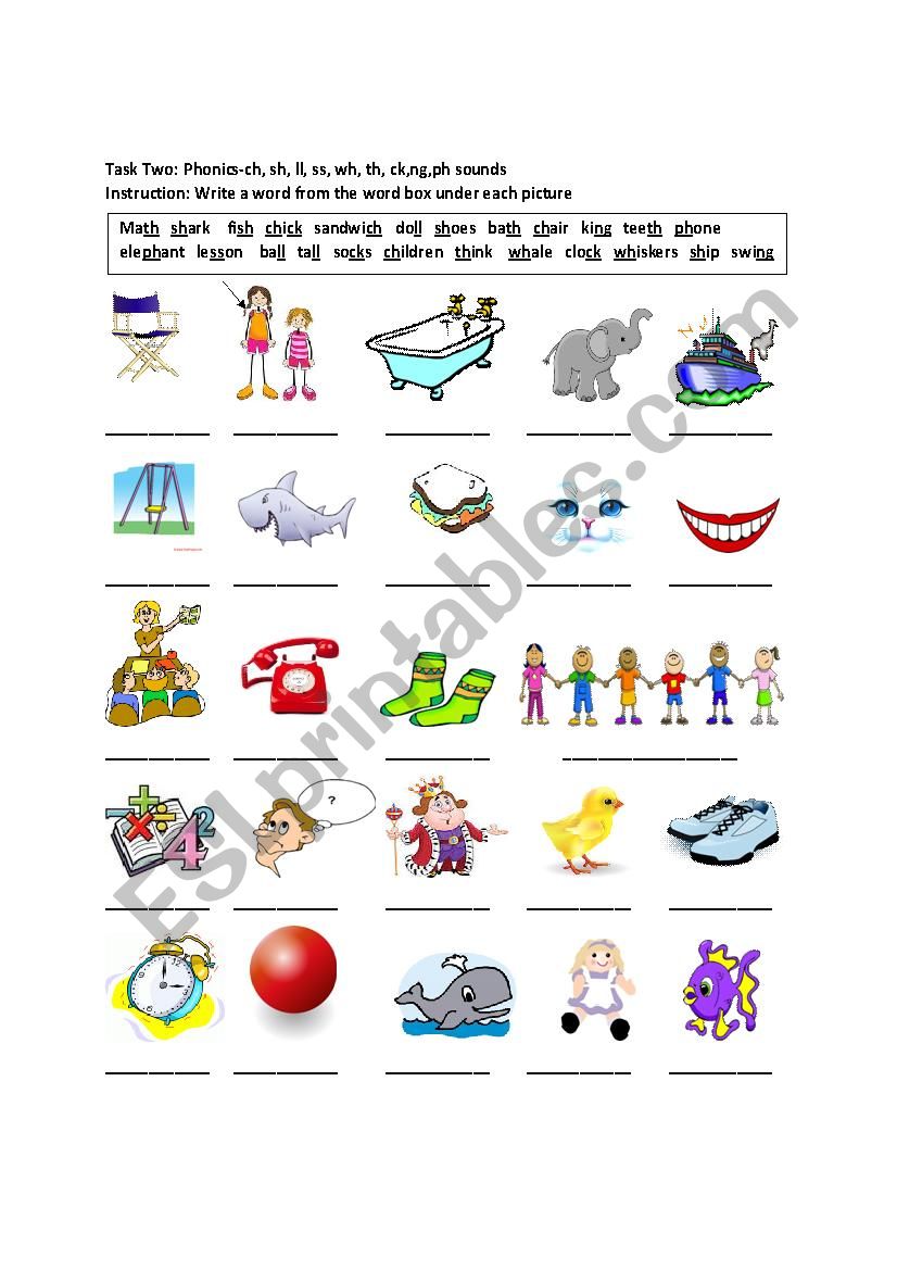 phonics ch sh ll ss wh th ck ng ph sounds esl worksheet by poli02