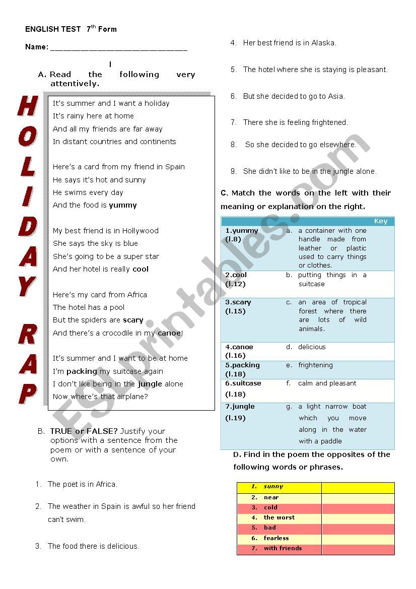 English Test 7th Form worksheet