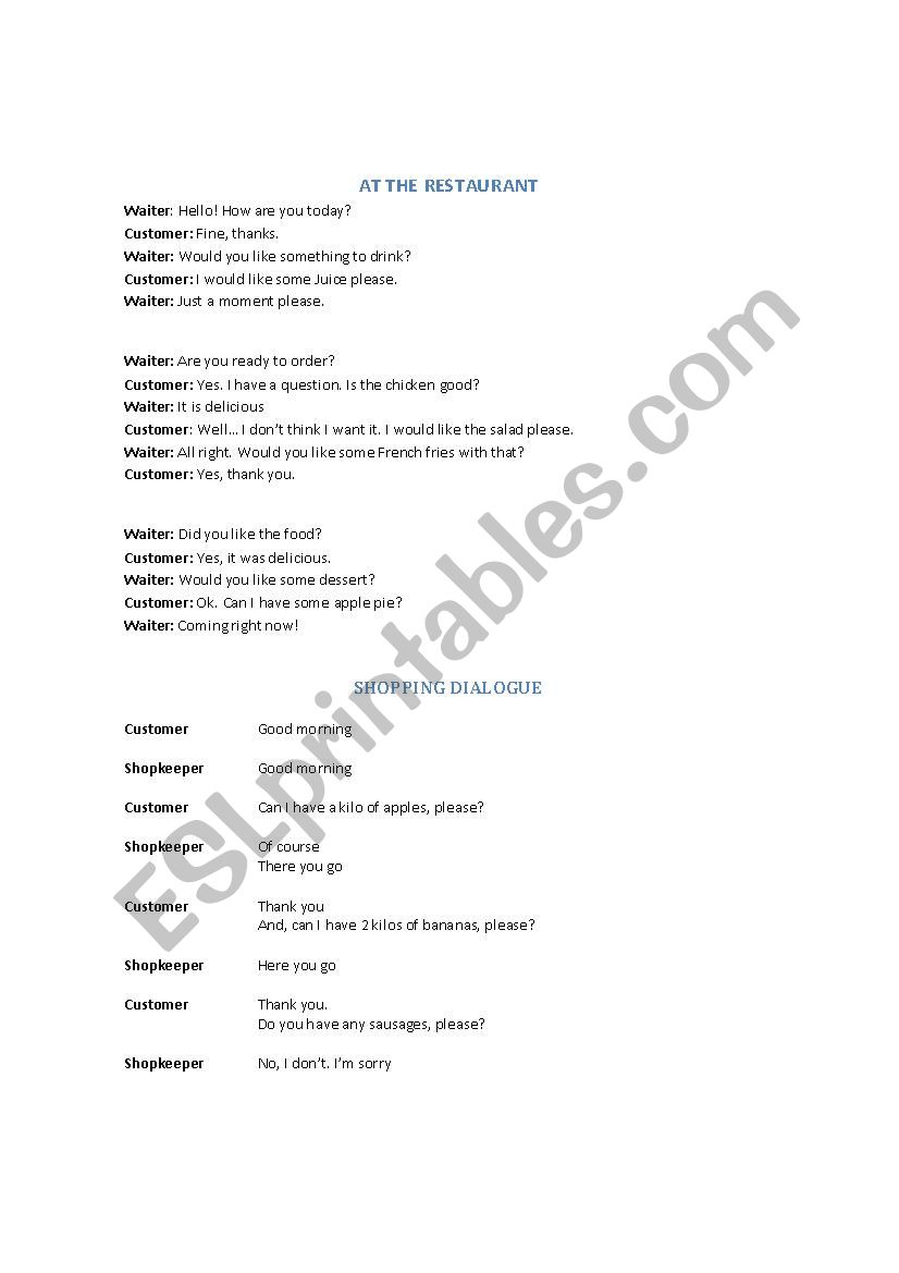 Shopping dialogue worksheet