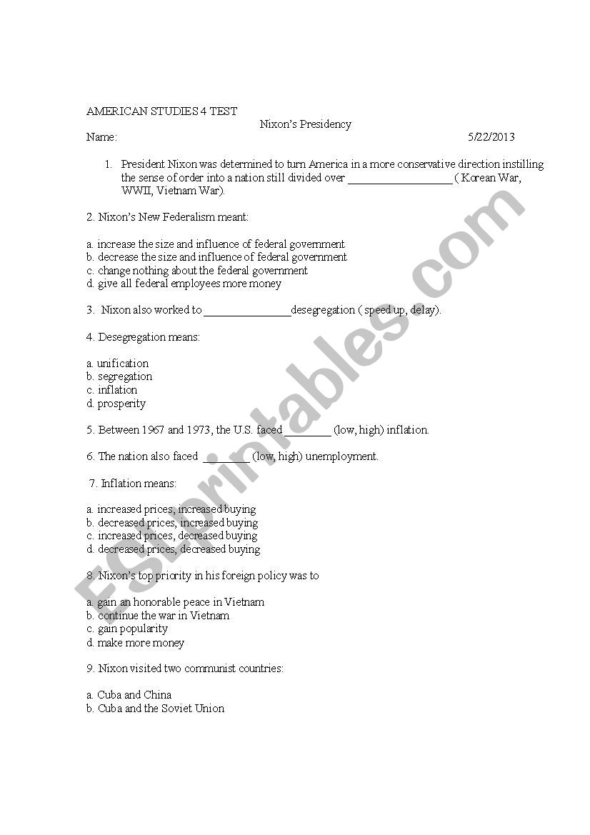 American Studies Test  worksheet