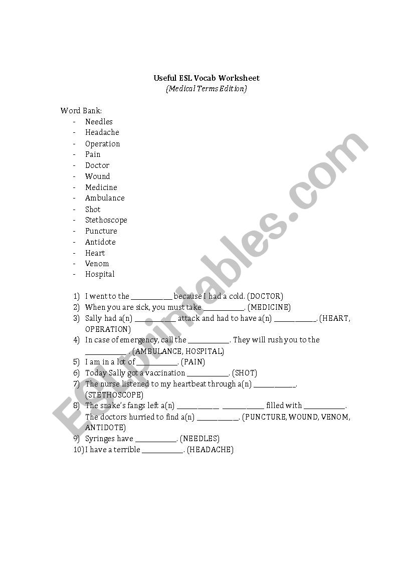 Vocabulary (Medical Terms) worksheet