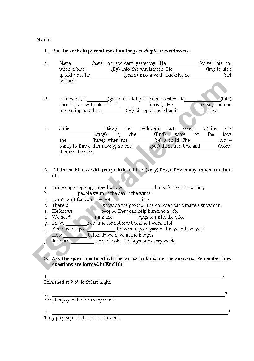 pre-intermediate test worksheet