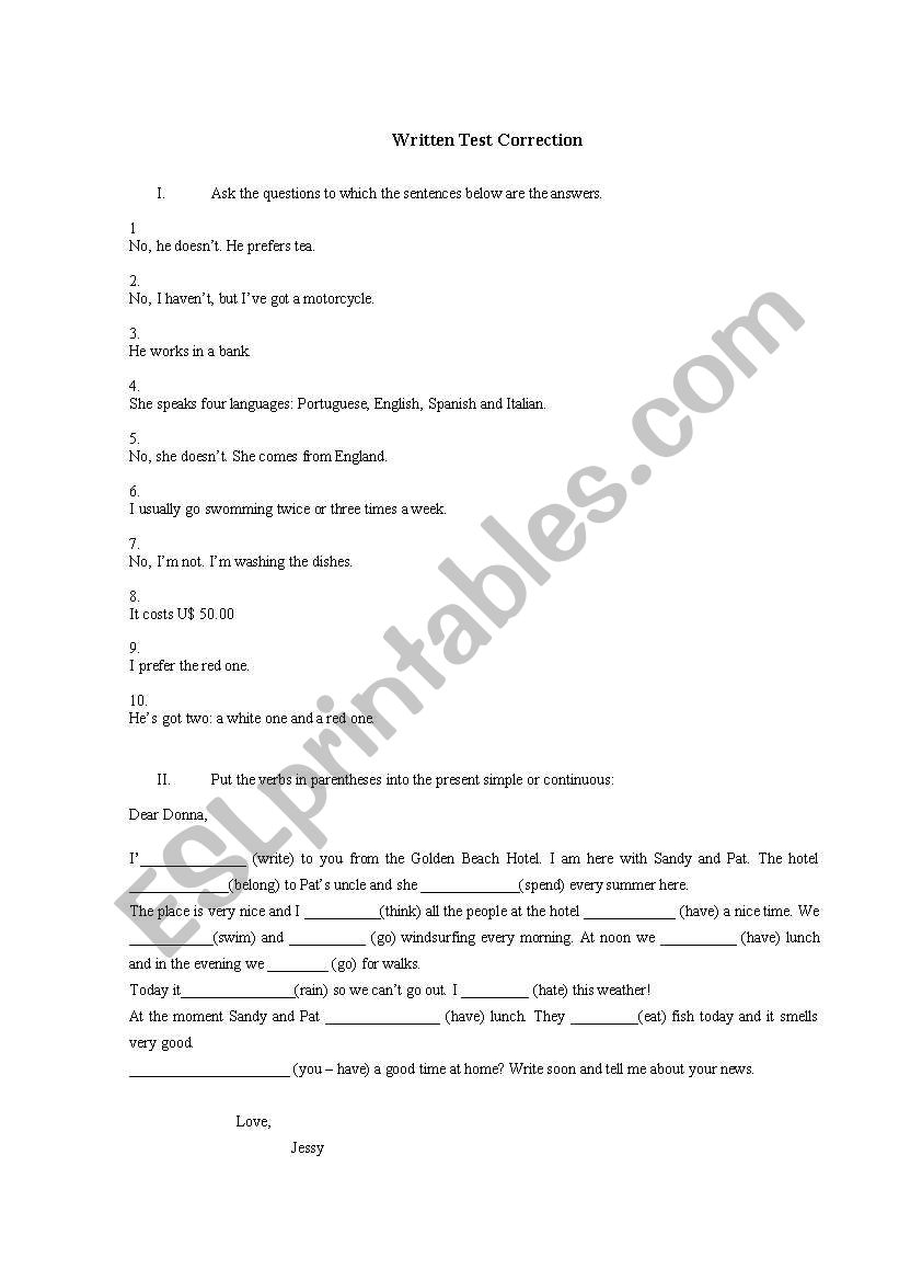 pre-intermediate test 1 worksheet