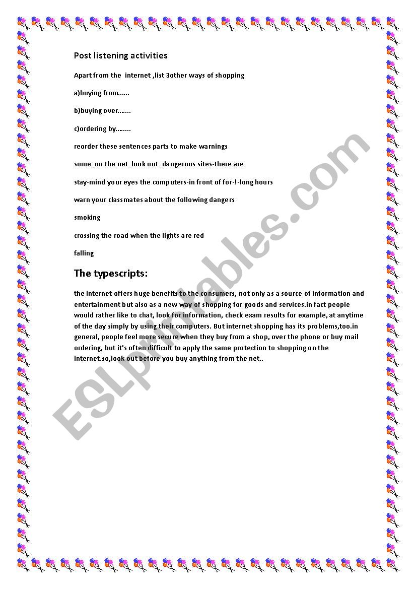 internet shopping worksheet