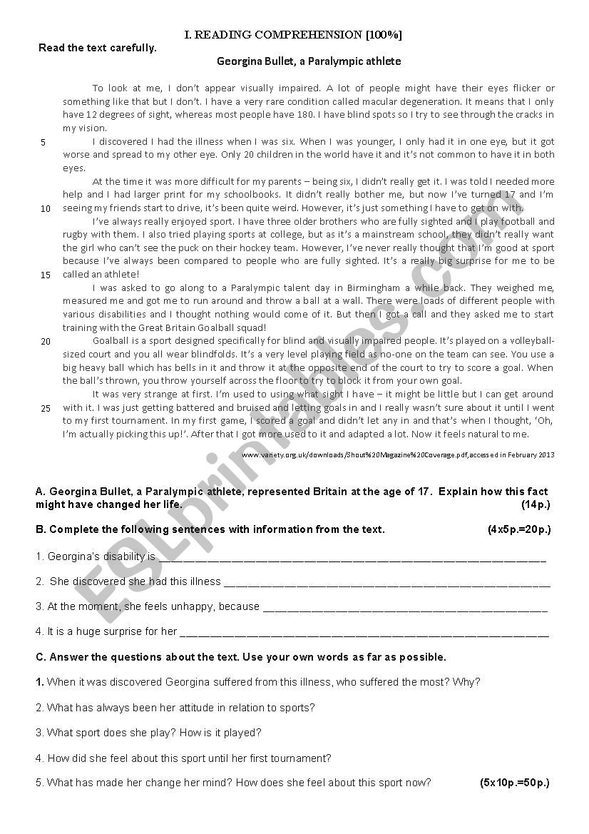 Test about disability worksheet