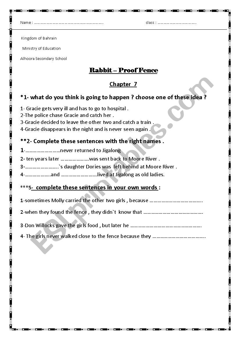 rabbit proof fence worksheet