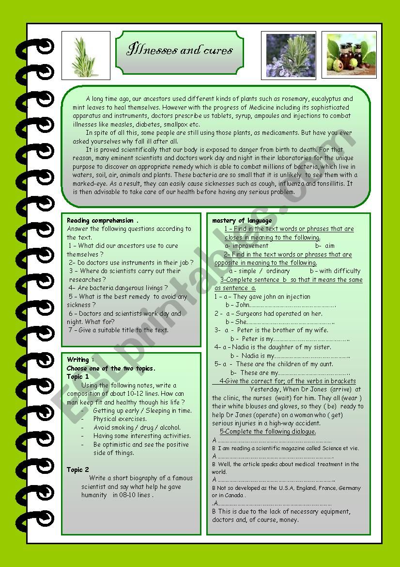 illnesses and cures  worksheet