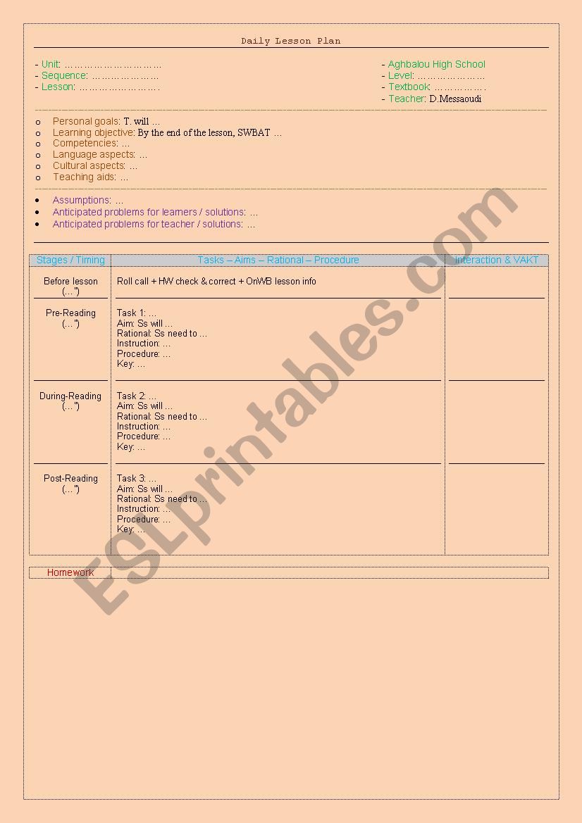 A CBA Lesson Plan Model worksheet