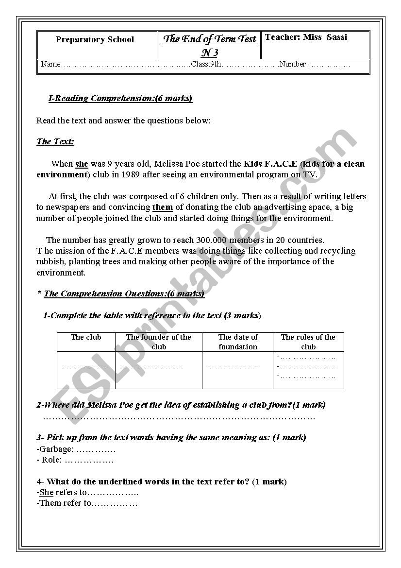 End of Term N 3 worksheet