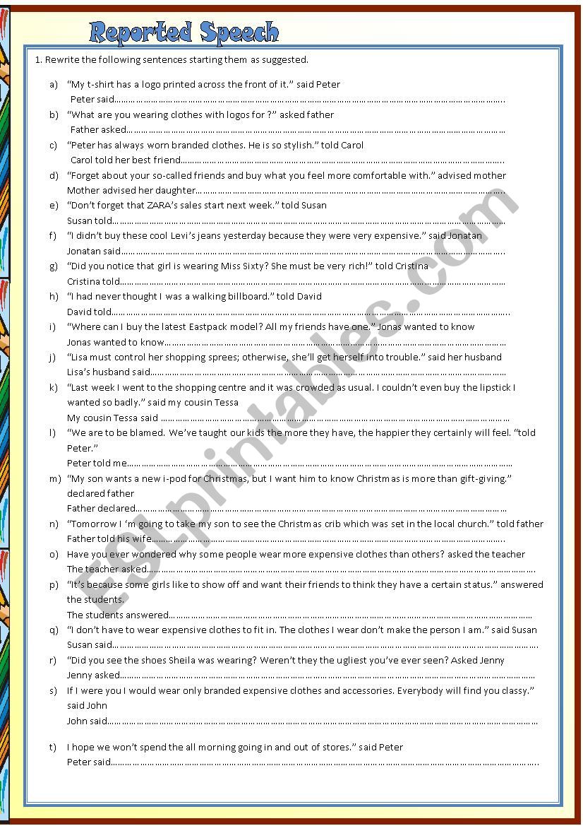 Reported Speech - consumerism worksheet