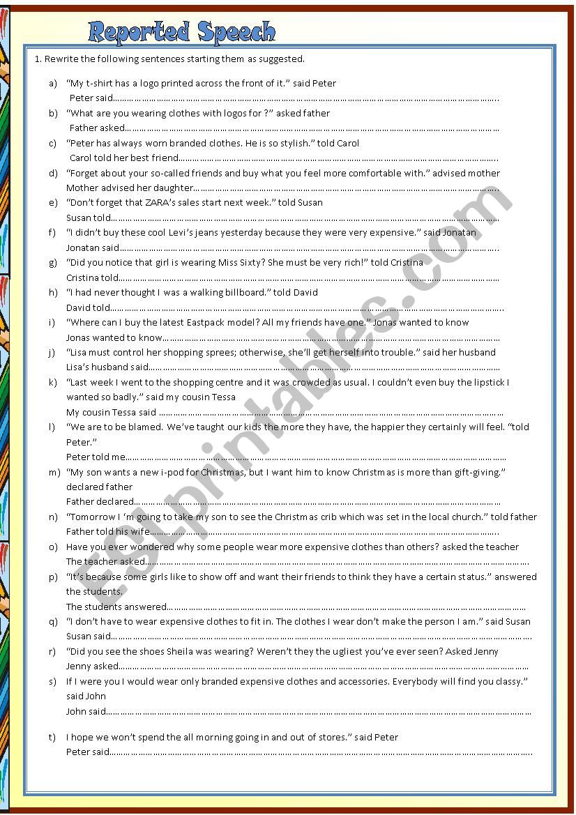 Reported Speech - consumerism worksheet