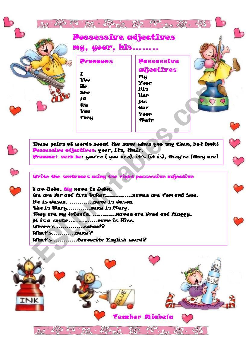 Possessive adjectives my, your, his....