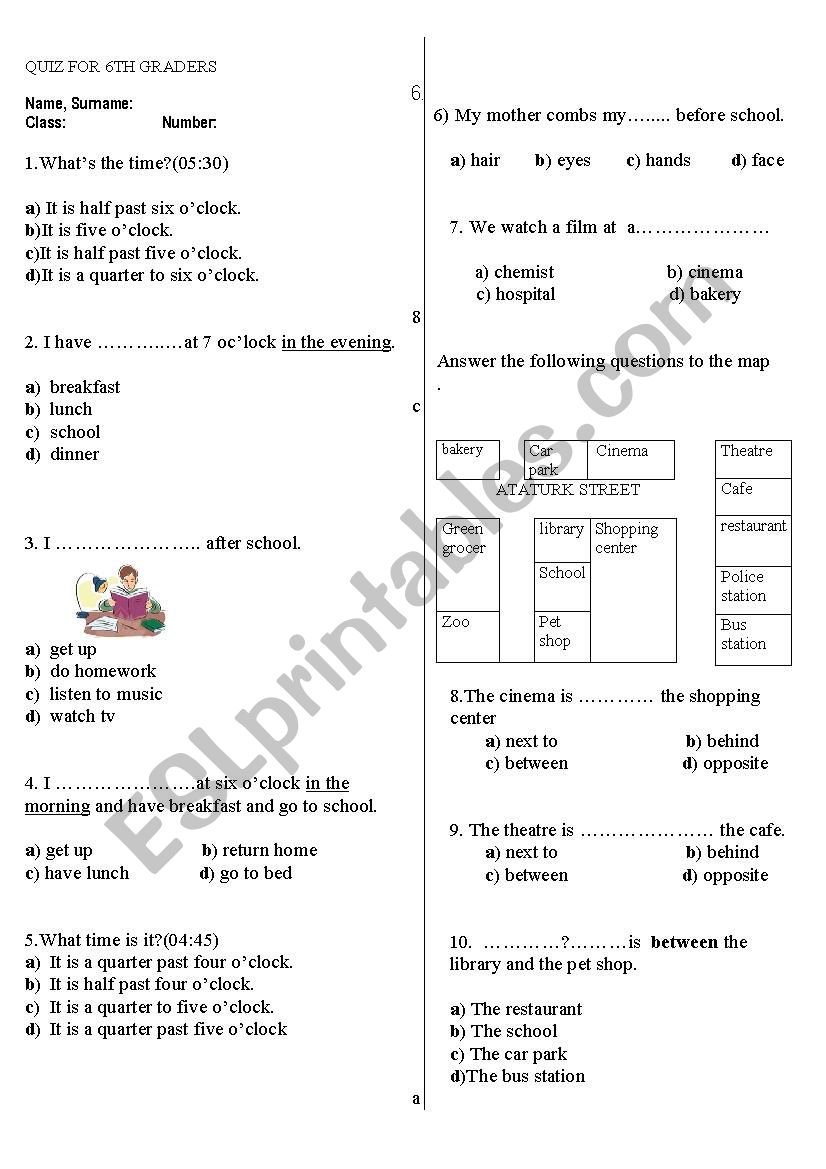 quiz for 6th graders worksheet