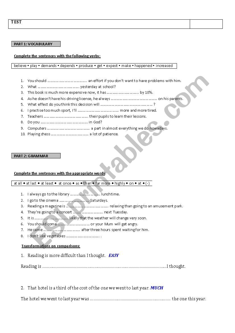 FCE - grammar test worksheet