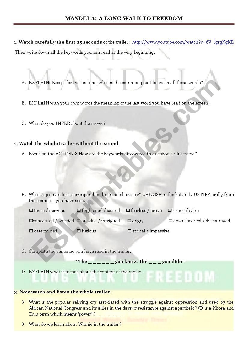i tilfælde af toilet læber Mandela: A long way to freedom (trailer) - ESL worksheet by cvrin