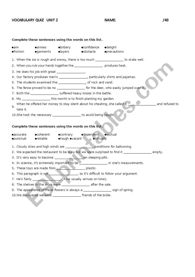 Impact 11 Vocabulary Quiz Unit 2