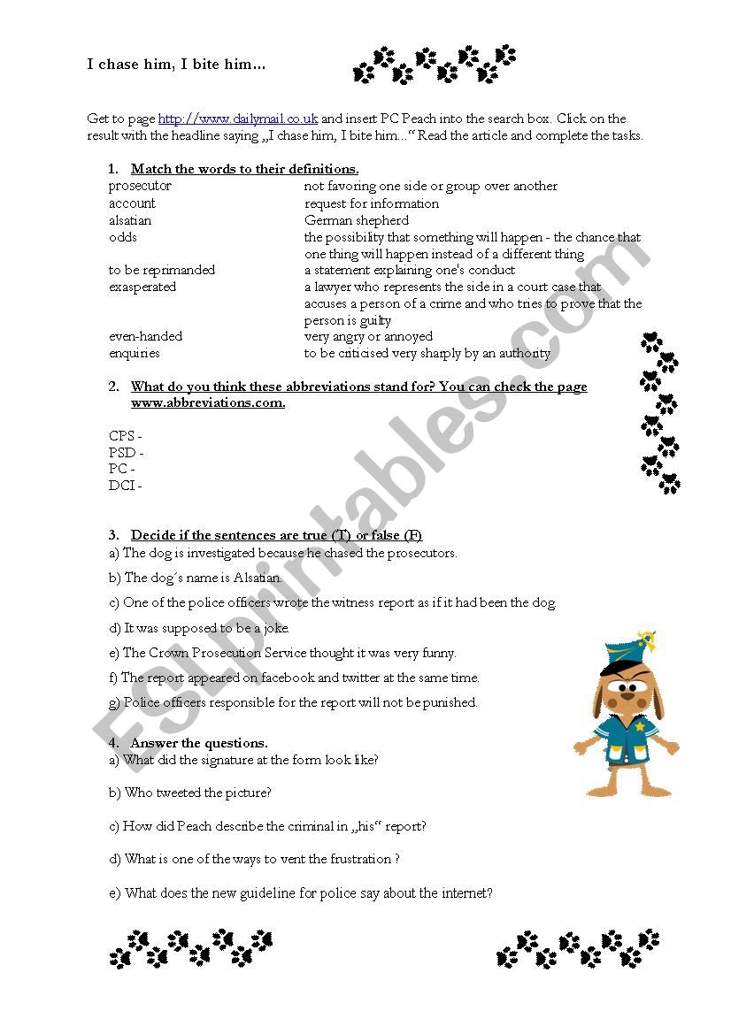 I chase him, I bite him... worksheet