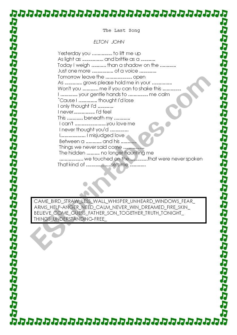 ELTON JOHN, THE LAST SONG. worksheet