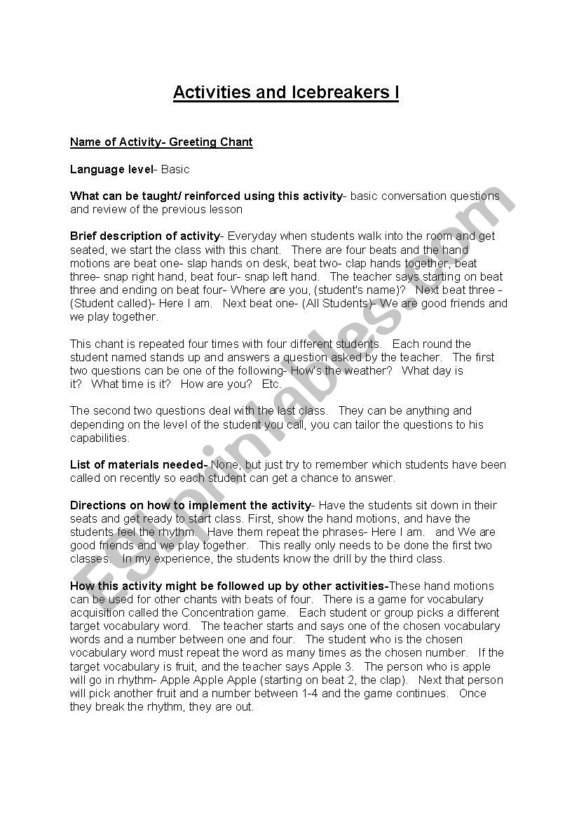 activities and ice breakers worksheet