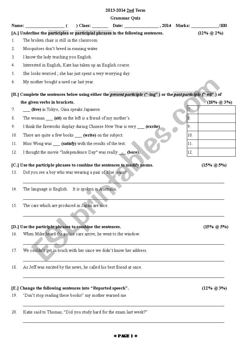 2013-2014 Grammar quiz (for Senior one )