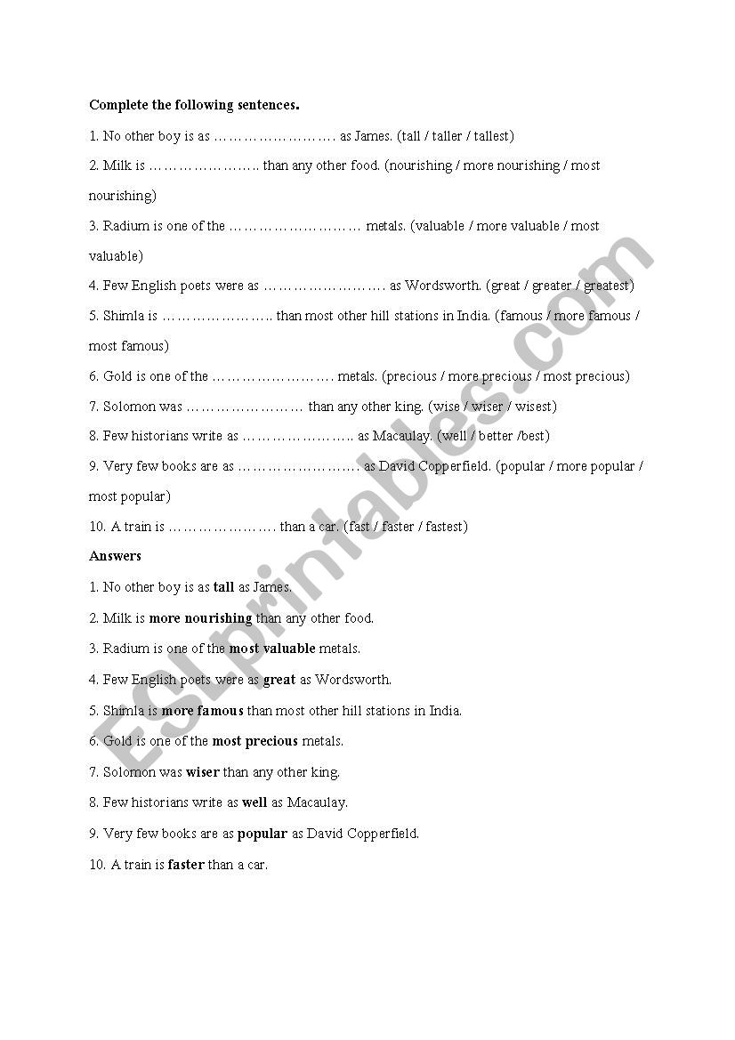 comparative / as...as worksheet