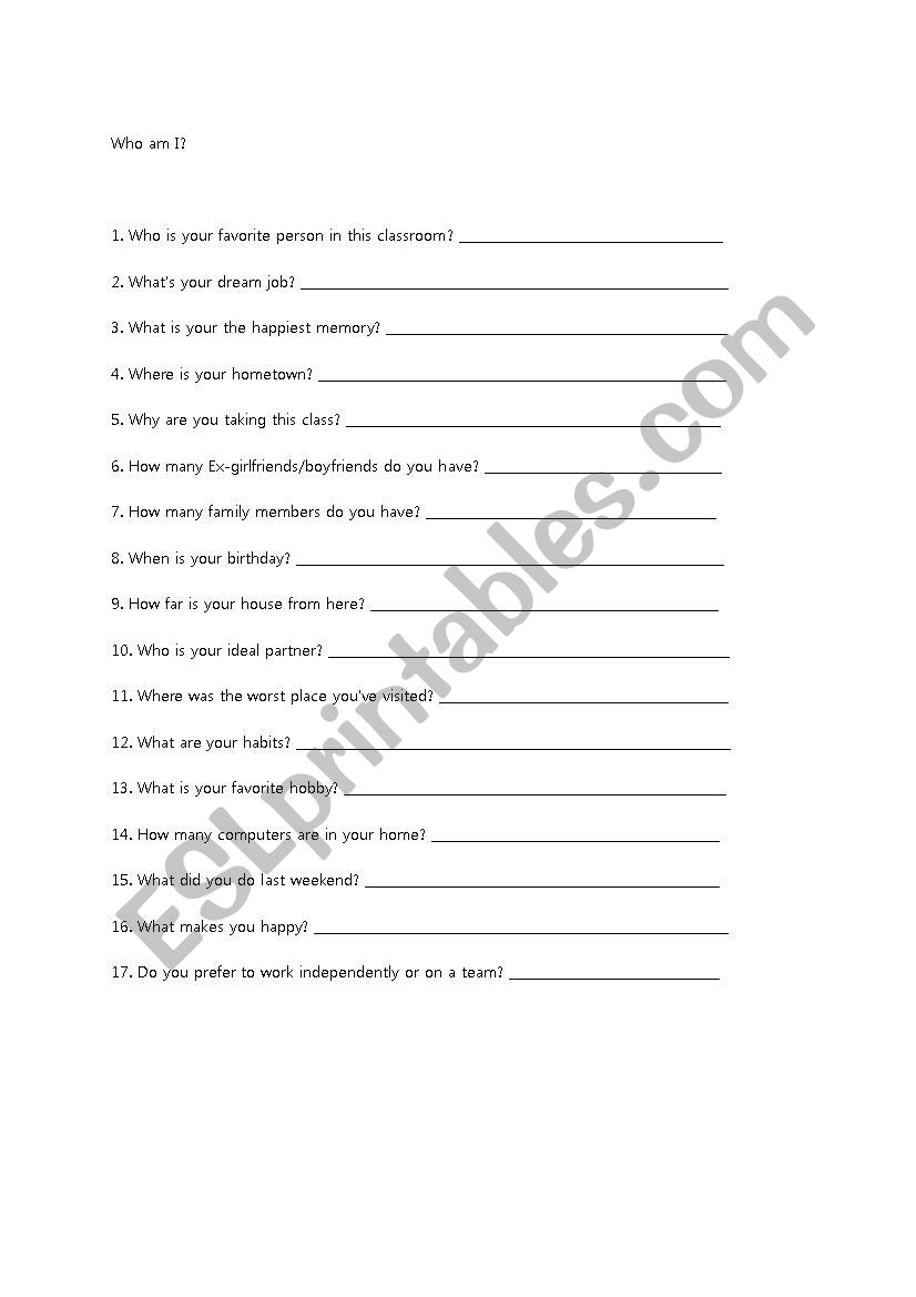 Who am I worksheet