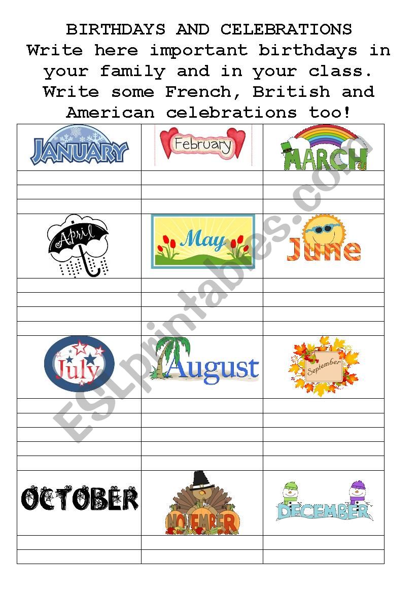 Birthdays and celebrations chart