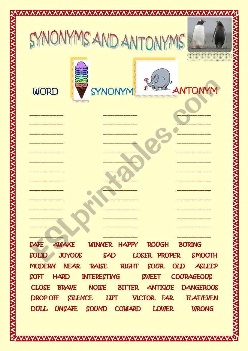 Synonyms and Antonyms worksheet