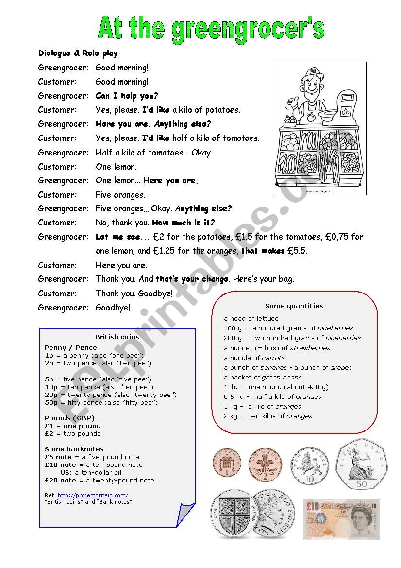 At the greengrocers 3/4 worksheet