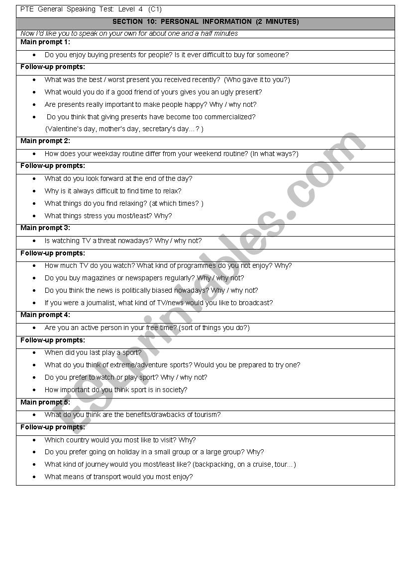 Pearson Test of English General Level 4 SPEAKING Section 10