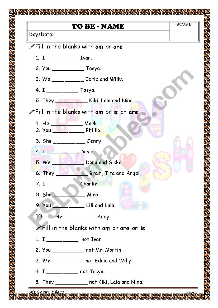 The using of am/is/are worksheet