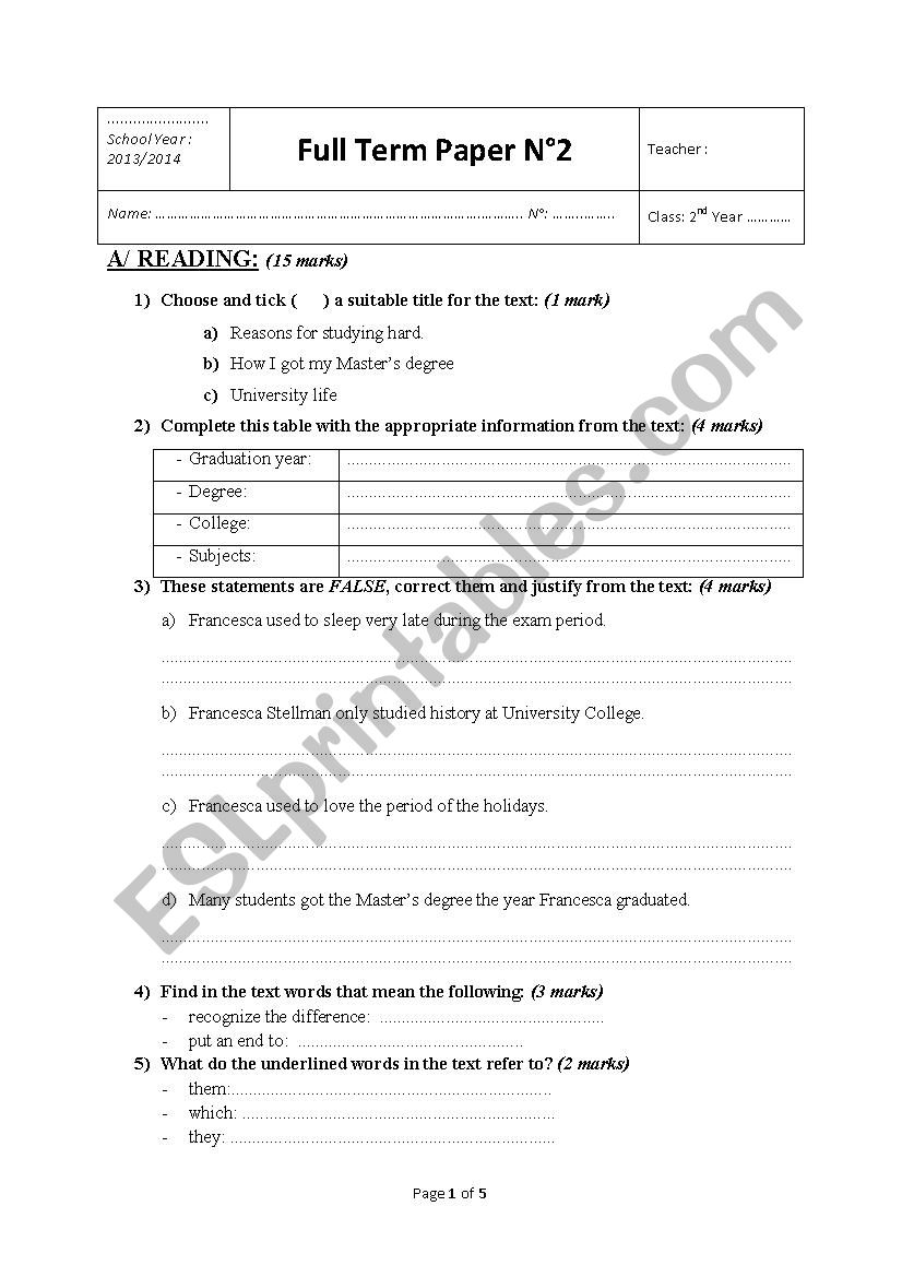 end of term test n=Â°2 for 2nd form pupils - ESL worksheet by walidich
