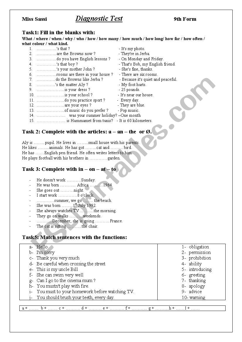 Diagnostic Test worksheet