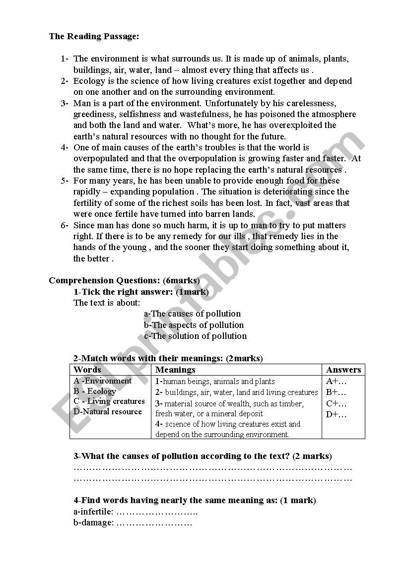 Reading about pollution worksheet