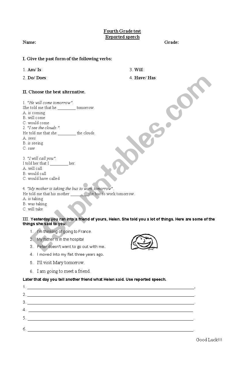 reported speech test worksheet