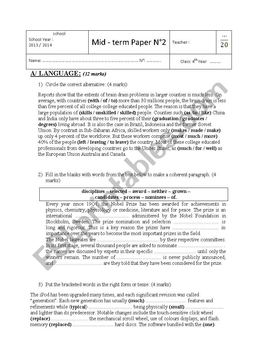 Mid - term test 2 for bac sciences