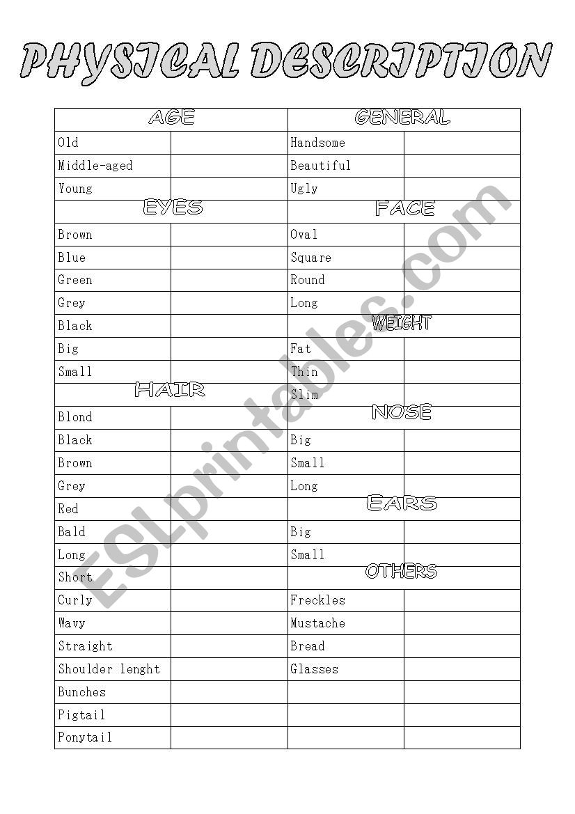 physical description worksheet