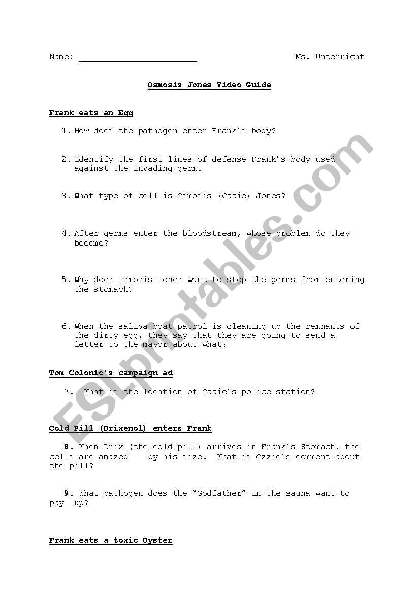 English worksheets: Osmosis Jones Film Pertaining To Osmosis Jones Movie Worksheet